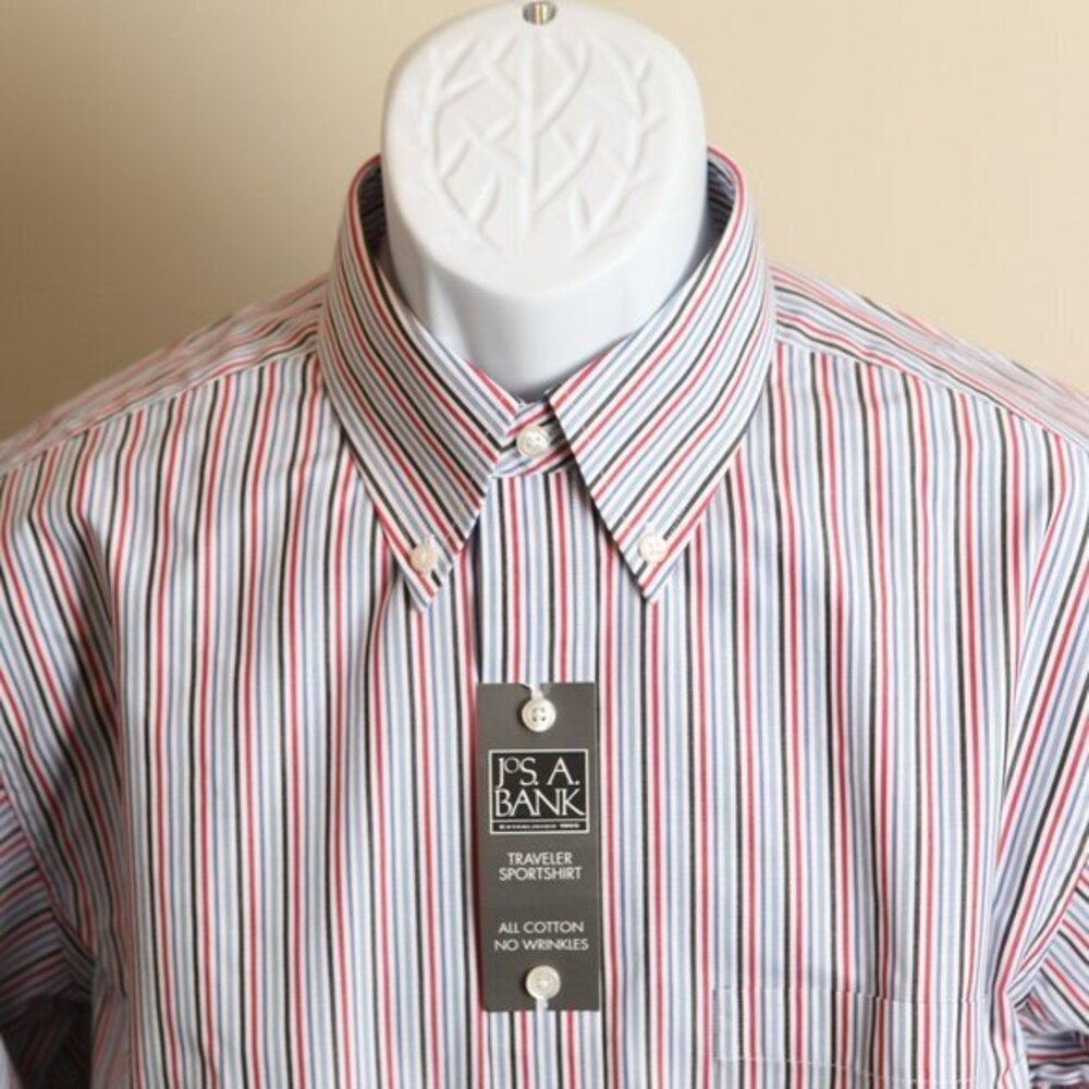 🆕 Jos A Bank Men’s Red White Blue Shirt M 15.5 No Wrinkle Dress NWT 🔴